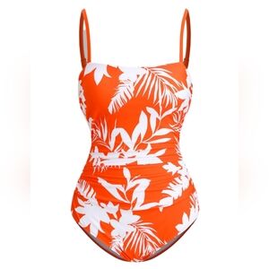 Cupshe One-Piece Swimsuit Tropical Floral Print Size Small Orange/White Strappy